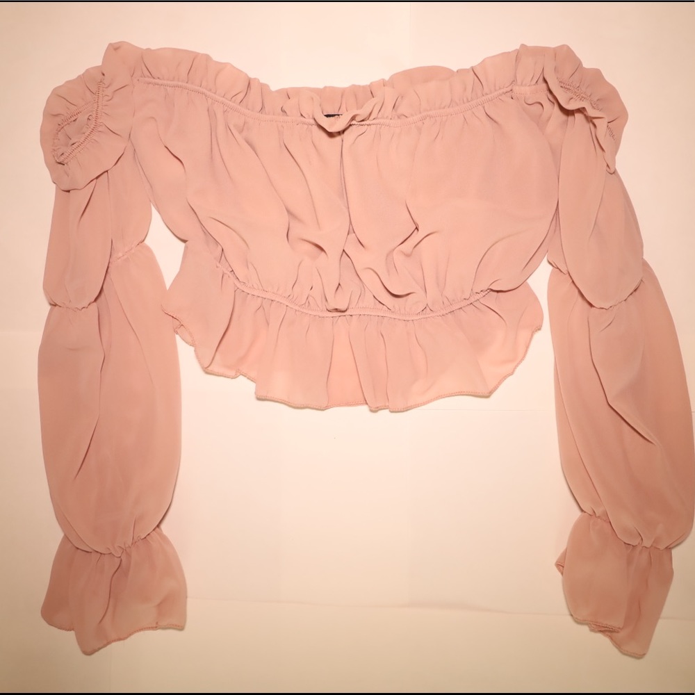 Lilac Woven Ruffle Barsot Flared Sleeve Blouse